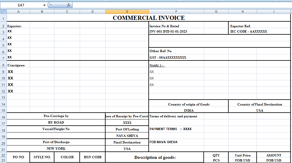 Commercial Invoice for Internation Shipping