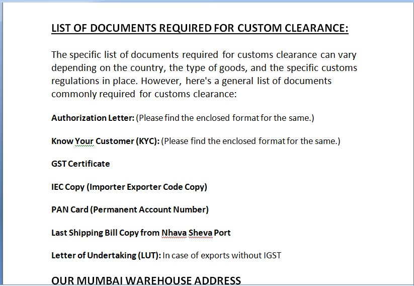 List of documents required for custom clearance