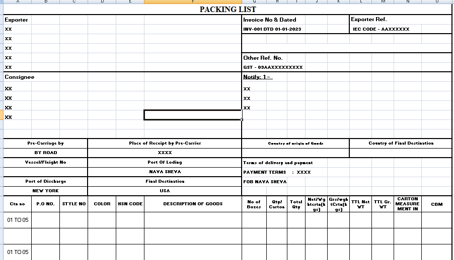 Packaging List Template for International Shipping